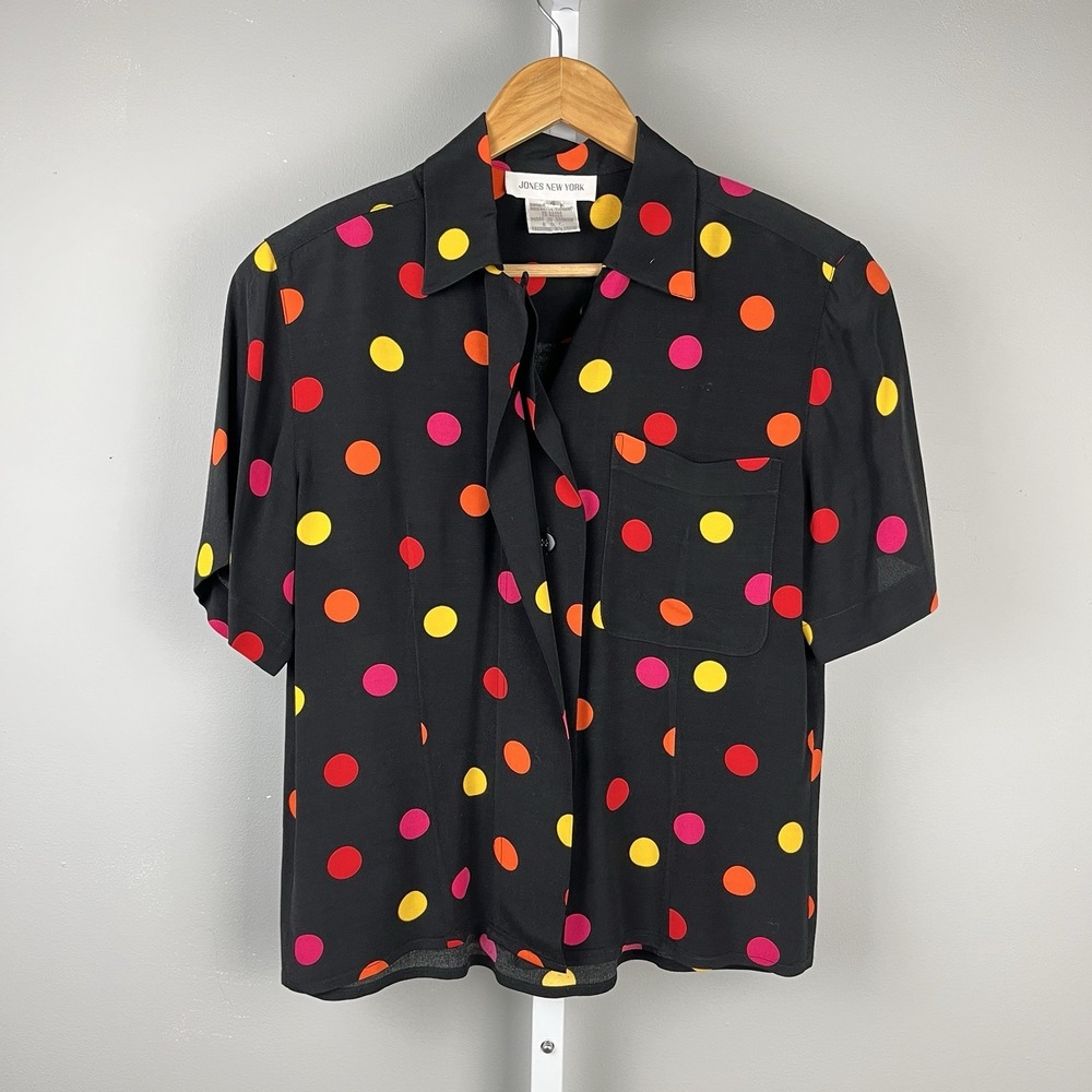 Jones New York Vintage Button Up‎ Shirt Top Womens Size 4 Black Multi Polka Dot
